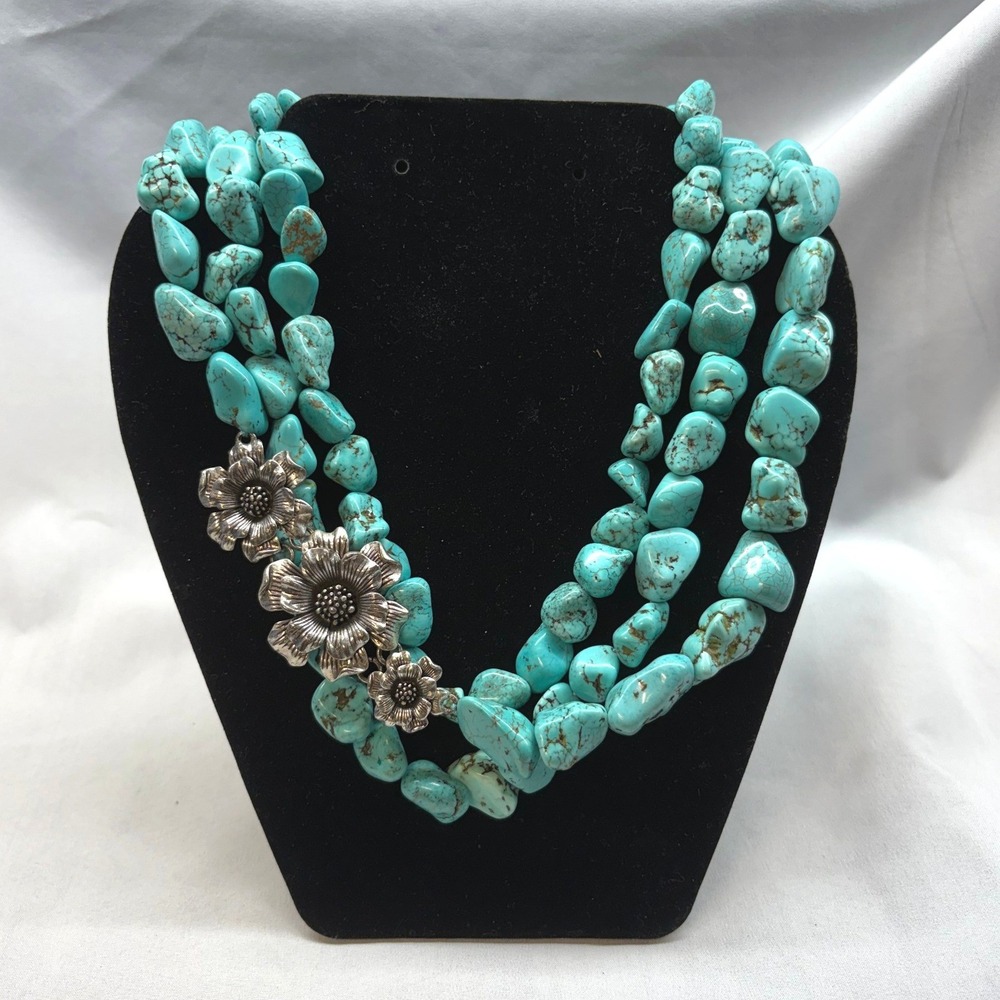 Lucky Brand Necklace Womens OS Blue Excellent Faux Turquoise Layered Floral Boho